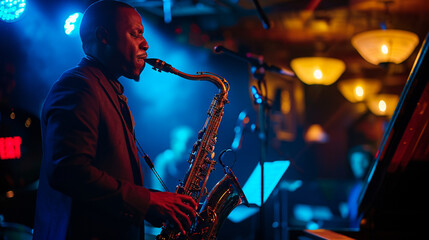 A dimly lit jazz club stage bathed in the warm glow of spotlights, with a charismatic saxophonist pouring his soul into a passionate solo. The ambiance captures the essence of a li - obrazy, fototapety, plakaty