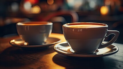 Obraz premium Two cups of coffee. A couple of hot drinks (cappuccino, hot chocolate) stand on the table. Illustration for cover, card, postcard, interior design, poster, brochure, advertising or presentation.