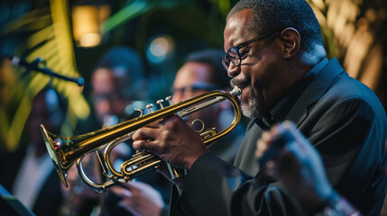 A lively jazz ensemble in action, featuring a trumpet player passionately blowing into the brass instrument, surrounded by fellow musicians immersed in the rhythm. The composition - obrazy, fototapety, plakaty