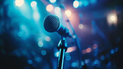 A jazz vocalist bathed in stage lights, capturing the emotion of a heartfelt performance. The microphone, suspended in mid-air, adds a touch of drama to the scene, emphasizing the