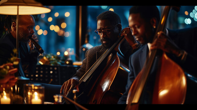 A jazz quartet creating an intimate musical moment, with the soft glow of tabletop candles illuminating the expressive faces of the musicians. The scene captures the camaraderie an