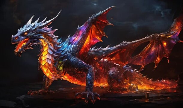  a fiery, glass dragon with a rainbow of hues, its wings spread wide as it unleashes a torrent of flames from its mouth, leaving a trail of sparkling embers in its wake.