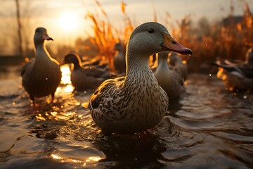 A peaceful sunset over a serene lake, as a group of aquatic birds gracefully glide through the water, their colorful beaks and feathers reflecting in the tranquil pond