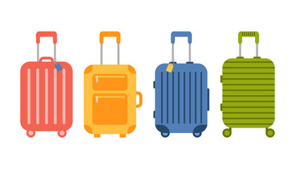 Set of suitcases for travel. Various kinds of travel luggage. Family traveling suitcases, cabin luggage and check in baggage. Vector illustration in flat design. - obrazy, fototapety, plakaty