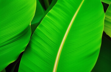 Background image of juicy huge green banana palm leaves. Eco-friendly concept for banner design. Vacations and travel to tropical countries. Island vibe.