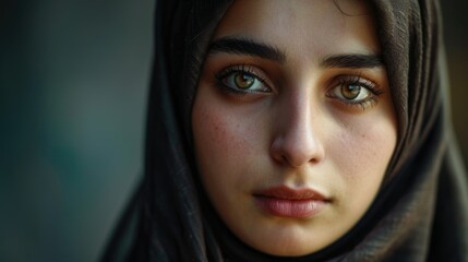 Muslim woman wear hijab. Sad middle eastern girl portrait. Religious serious lady look at camera. Beautiful female arab person face closeup. Upset arabian emigrant concept. Social issue. Home abuse. - obrazy, fototapety, plakaty