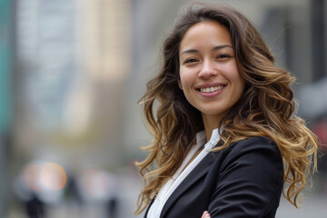 Obraz premium Portrait, street business and woman in the city for freelancer, commute and urban travel. Happy, confident and young female entrepreneur walking and smiling for exploration, leadership and corporate