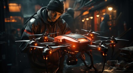 A daring adventurer surveys the horizon atop his motorcycle, a sleek drone in hand as he prepares for his next thrilling mission in the action-packed video game