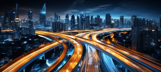 Fototapeta na wymiar Nighttime city expressway essential car transportation infrastructure with bustling traffic.