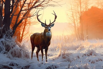Whitetail Deer Buck in Winter Landscape with Frost and Fog