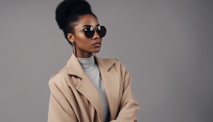 fashionable african american girl posing in sunglasses and beige jacket isolated on grey