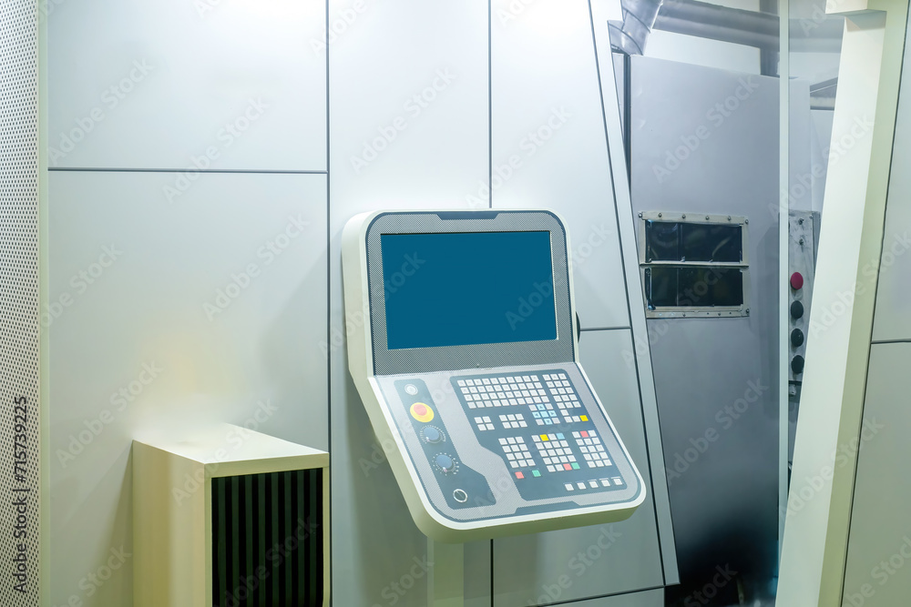 Poster cnc lathe. computer for controlling industrial equipment. fragment of lathe. automated production eq
