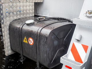 Truck fuel tank. Reservoir for diesel storage. Fuel equipment for truck. Tank with gasoline leaks....