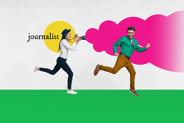 Horizontal collage photo picture image of woman run photographing handsome man star popular...