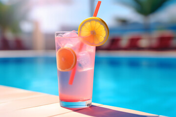 Pink tropical cocktail by the pool. A glass of fruit cocktail garnished with a slice of orange stands near the pool. Summer soft drink by the hotel pool.