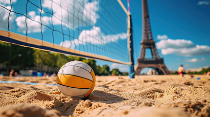 Close-up of an orange volleyball on sandy court in Paris, with Eiffel Tower in the background, Summer Olympics 