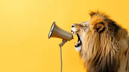 Fotobehang A lion growls into a megaphone. Concept of advertising with blank space © VetalStock