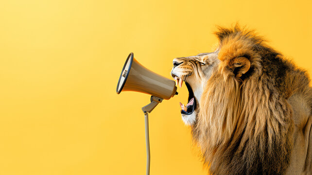 A lion growls into a megaphone. Concept of advertising with blank space