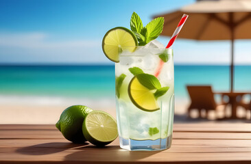 Fresh cold cocktail glass of mojito with lime on a wooden tabletop at a beach bar, blurred background of sandy beach and azure sea. beach holiday concept