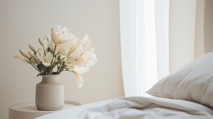 Neutral Minimalist lifestyle in Scandinavian style. Sunny day. Minimalistic interior, with a simple beautiful composition with flowers and bed.