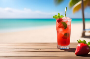 Fresh cold strawberry mojito cocktail glass in a wooden table top in a beach bar, a blurred background of a sandy beach with palm trees and the azure sea. Space for text, beach holiday concept