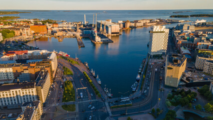Aerial view. Helsinki seaside with view on hotels, offices, port and shipyard.  Finland