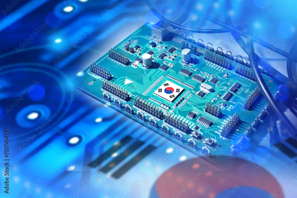 Poster microprocessor with south korea flag. semiconductor production. high-tech industry. south korea symb
