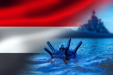 Navy Yemen. Sea mine to block shipping. Warship near Yemen flag. Underwater mine in red sea. Navy...