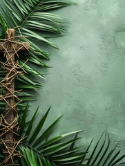 Crown of thorns, cross and palm leaves. Palm sunday and easter day concept. copy space - generative ai