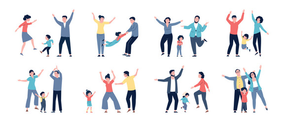 Happy families dancing together. Children and parents activities, celebrating party or home disco time. Mother father and kid dance recent vector set