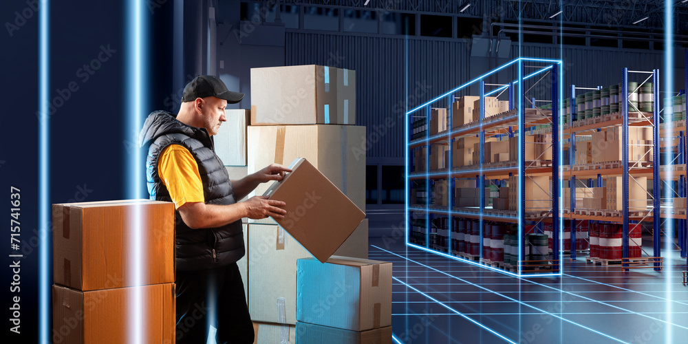 Poster warehouse business. man in storage room. warehouse manager with boxes. high-tech distribution center