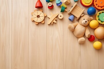 Top view of kids toys frame on wooden background with copy space. - obrazy, fototapety, plakaty