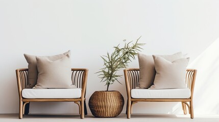 Rattan chairs with white pillows and indoor plants in the minimal living room. Beautiful house interior design concept. Generative AI - obrazy, fototapety, plakaty