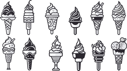Set of tasty ice creams,  Ice cream lolly vector icon,  Black and white ice cream vector icon, summer set isolated on white background. Simple illustration.