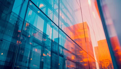 Fotobehang Abstract bokeh, building and blurred architecture background for design, finance and financial business center. Colorful, urban city and glow reflection mockup for investment, economy and wallpaper © MalamboBot/Peopleimages - AI