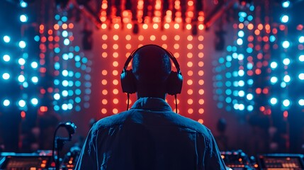 a dj in headphones is performing in a dark room with lights on the ceiling and a microphone - obrazy, fototapety, plakaty