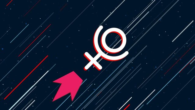 Astrological pluto symbol flies through the universe on a jet propulsion. The symbol in the center is shaking due to high speed. Seamless looped 4k animation on dark blue background with stars