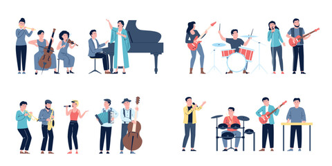 Musical bands and young artists. Musicians different style, rock, indie, classical music. Singers, entertainment workers recent vector characters