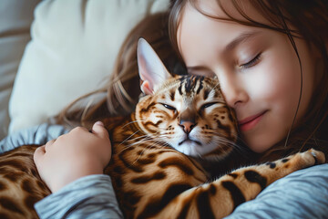 A young girl tenderly cuddles with her Bengal cat, forming a bond of genuine companionship and affectionate love, embodying the pure and comforting connection between a child and her feline friend