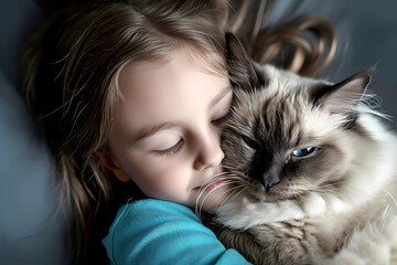 A young girl envelops herself in the comforting embrace of her beloved Birman cat, epitomizing a profound bond characterized by companionship and an abundance of tender love shared between them