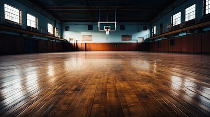 Basketball in the sport arena, Empty Indoor basketball court. Horizontal panoramic wallpaper with...