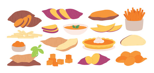 Cartoon sweet potato and raw batata. Potatoes meals, pie and mash, cubes and fries balls. Carrot sticks, fresh vegetables racy vector collection