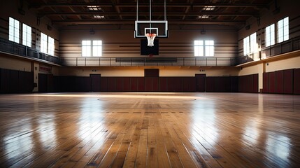 Basketball in the sport arena, Empty Indoor basketball court. Horizontal panoramic wallpaper with...