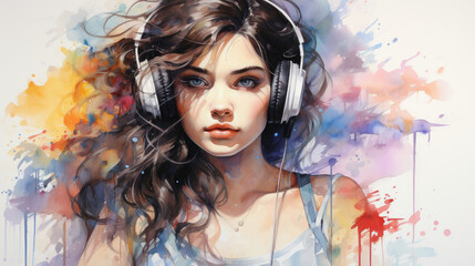 Painting, drawing, illustration, watercolor, of a young woman with blue eyes and fuzzy hair listening to her favorite music with headphones, on background with pastel brush strokes.  Ai generated.