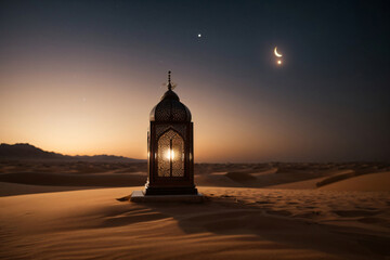 Obraz premium A lantern, softly lit by a candle, traditional customs observed during Ramadan Kareem. Wallpaper banner with copy space. Ai Generated