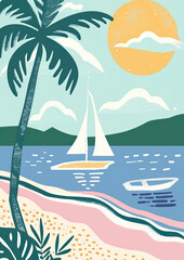 Fototapeta na wymiar Doodle ocean beach with tropical palms, summer holiday vacations postcard
