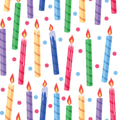 Birthday candles seamless pattern. Cartoon cake candle with bright stripes, festive accessories. Simple fabric or paper print, nowaday vector design