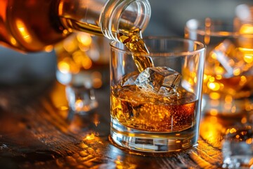 Pouring whiskey from bottle into the glass for whiskey with ice cubes