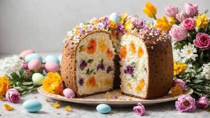 Obraz na płótnie Canvas Easter cake with colorful Easter eggs and flowers on a white background