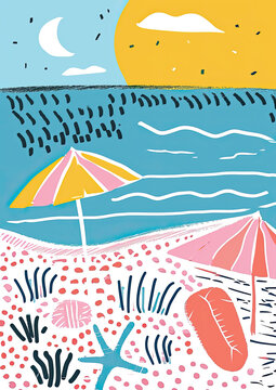 Doodle ocean beach with colorful umbrellas, summer holiday vacations postcard